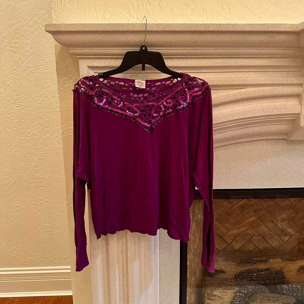 Ultra Hand Made in Bali Purple Sequin Crochet Long Sleeve Top